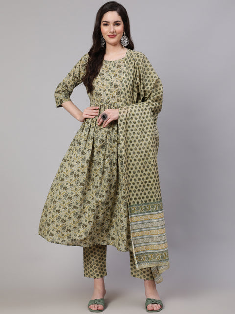 Women Green Printed Gathered Kurta And Trouser With Dupatta