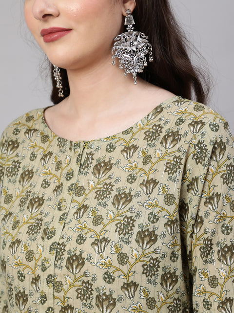 Women Green Printed Gathered Kurta And Trouser With Dupatta