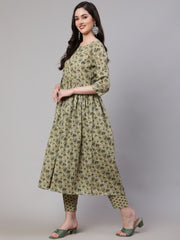 Women Green Printed Gathered Kurta And Trouser With Dupatta