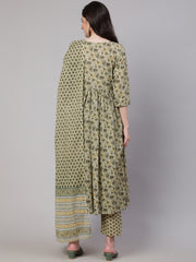 Women Green Printed Gathered Kurta And Trouser With Dupatta
