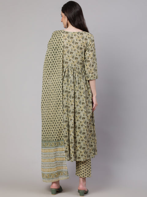 Women Green Printed Gathered Kurta And Trouser With Dupatta