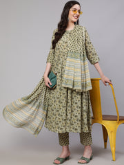 Women Green Printed Gathered Kurta And Trouser With Dupatta