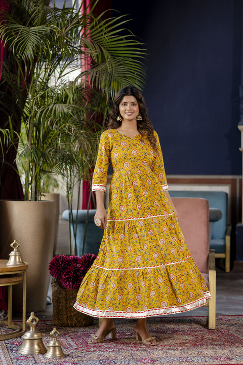 Women Yellow Floral Printed Flared Dress With Scalloped Dupatta