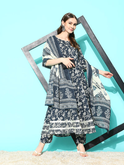 Women Grey Paisely Printed Anarkali Kurta With Trouser And Dupatta