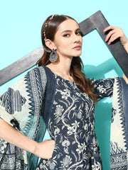 Women Grey Paisely Printed Anarkali Kurta With Trouser And Dupatta