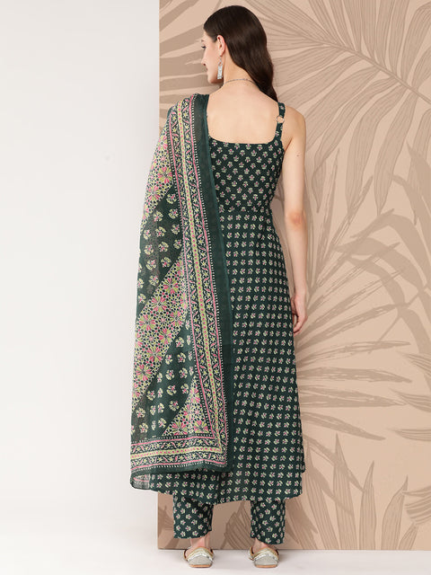 Women Green Ethnic Printed Anarkali Kurta With Trouser And Dupatta