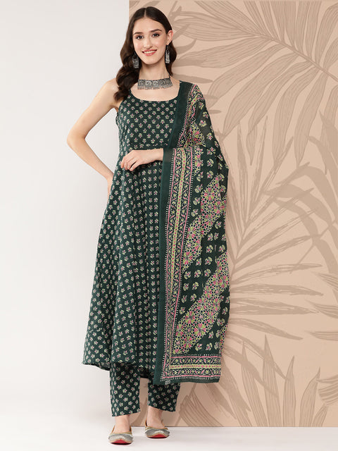 Women Green Ethnic Printed Anarkali Kurta With Trouser And Dupatta