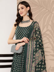 Women Green Ethnic Printed Anarkali Kurta With Trouser And Dupatta