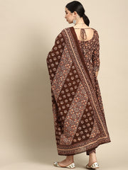 Women Brown Floral Printed Anarkali Kurta With Trouser And Dupatta