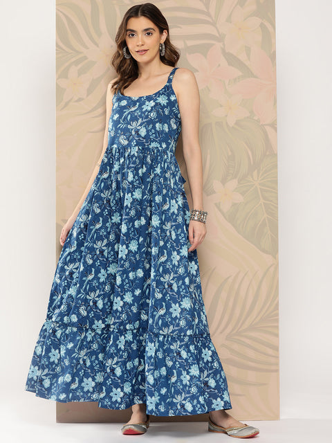 Women Blue Abstract Printed Shoulder Strap Dress