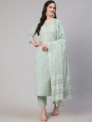 Women Green Ethnic Embroidered Kurta With Palazzo And Dupatta