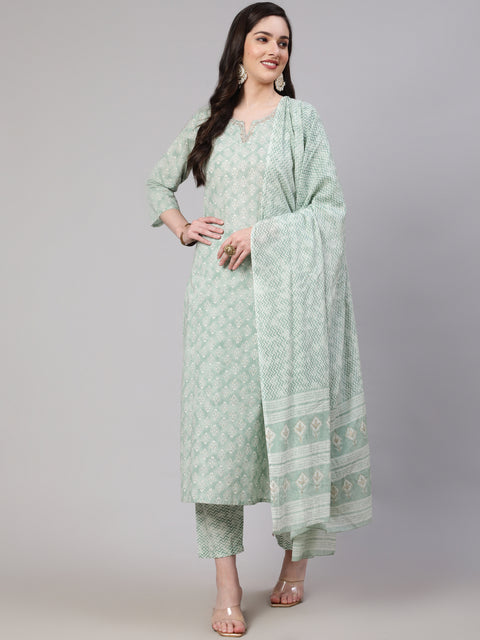 Women Green Ethnic Embroidered Kurta With Palazzo And Dupatta