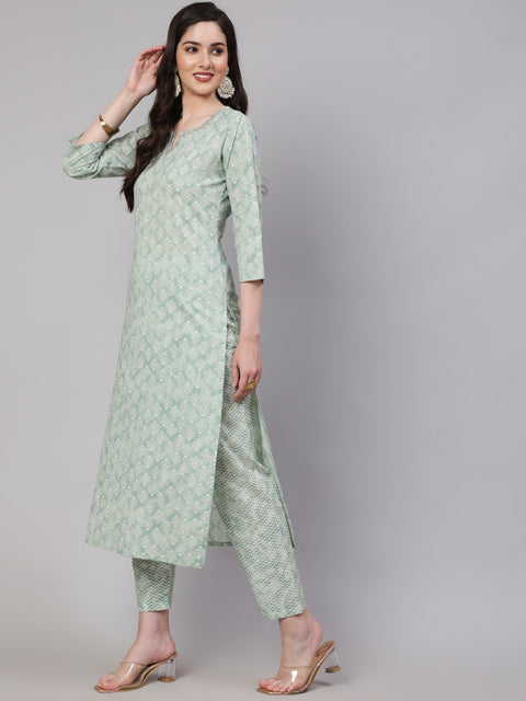 Women Green Ethnic Embroidered Kurta With Palazzo And Dupatta
