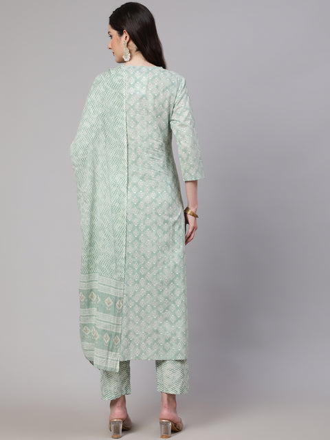 Women Green Ethnic Embroidered Kurta With Palazzo And Dupatta