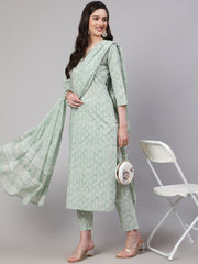 Women Green Ethnic Embroidered Kurta With Palazzo And Dupatta