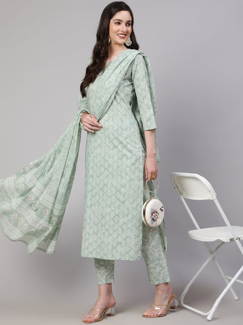 Women Green Ethnic Embroidered Kurta With Palazzo And Dupatta