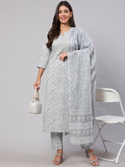 Women Grey Ethnic Embroidered Kurta With Palazzo And Dupatta