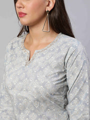 Women Grey Ethnic Embroidered Kurta With Palazzo And Dupatta