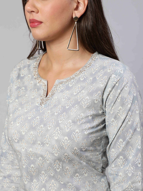 Women Grey Ethnic Embroidered Kurta With Palazzo And Dupatta