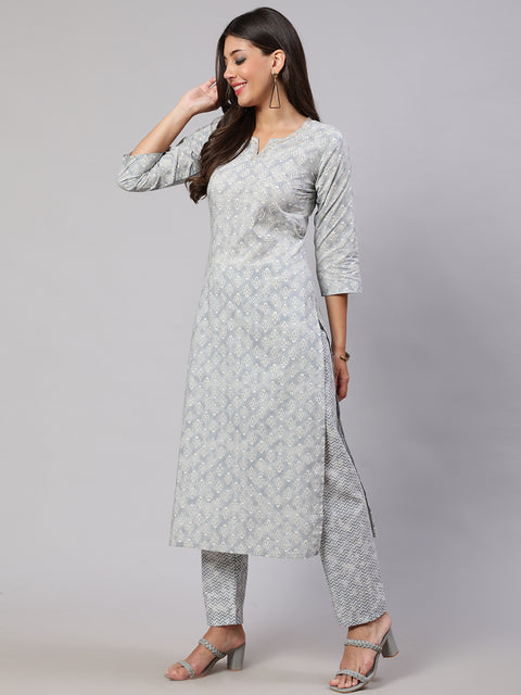 Women Grey Ethnic Embroidered Kurta With Palazzo And Dupatta