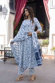 Women Blue Floral Printed Anarkali Kurta With Trouser And Dupatta