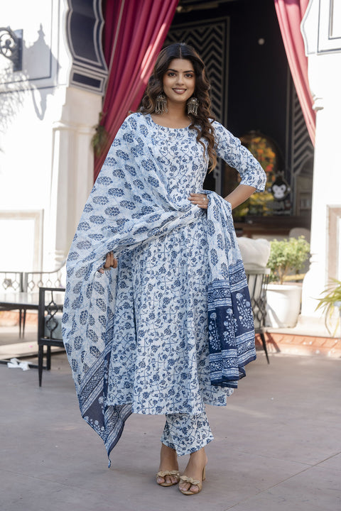 Women Blue Floral Printed Anarkali Kurta With Trouser And Dupatta