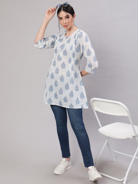 Women Off White Printed Straight Tunic With Three Quarter Sleeves