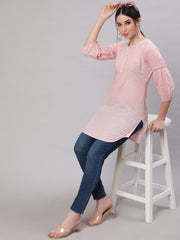 Women Pink Straight Tunic With Three Quaretr Sleeves
