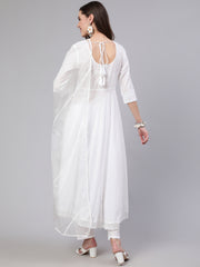 Women White Lace details Flared Kurta With Trouser And Dupatta