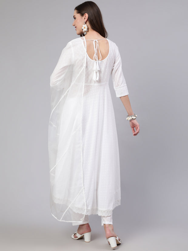 Women White Lace details Flared Kurta With Trouser And Dupatta