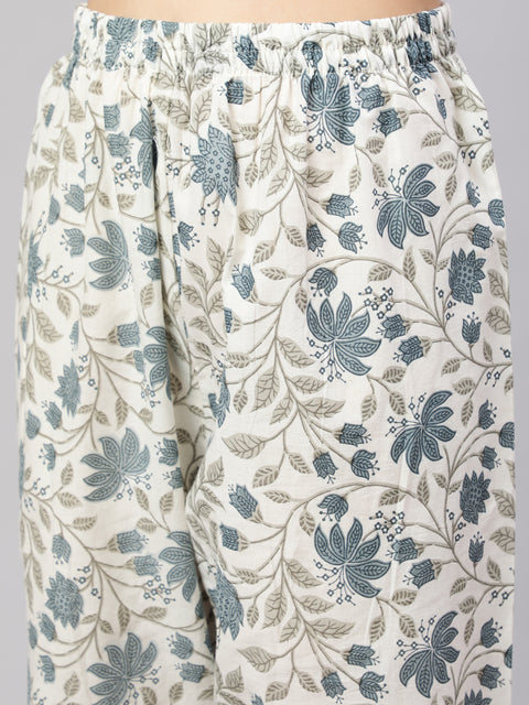 Women Off-White Floral Printed Flared Kurta With Trouser And Dupatta