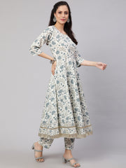 Women Off-White Floral Printed Flared Kurta With Trouser And Dupatta