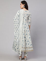 Women Off-White Floral Printed Flared Kurta With Trouser And Dupatta