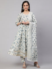 Women Off-White Floral Printed Flared Kurta With Trouser And Dupatta