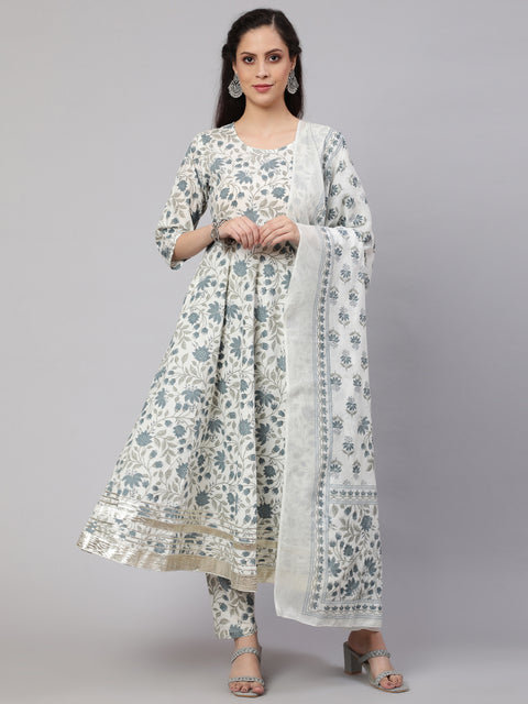 Women Off-White Floral Printed Flared Kurta With Trouser And Dupatta