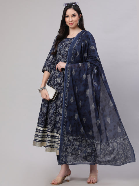 Women Blue Floral Printed Anarkali Kurta With Trouser And Dupatta