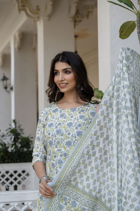 Women Off-White Floral Printed Flared Kurta With Trouser And Dupatta