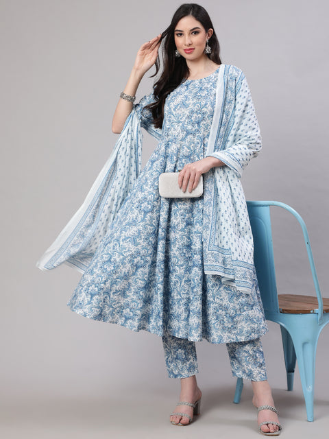 Women Blue Floral Printed Anarkali Kurta With Trouser And Dupatta