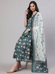 Women Green Floral Printed Anarkali Kurta With Trouser And Dupatta