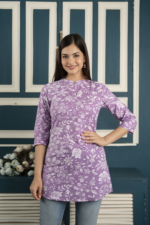Women Purple Straight Tunic With Three Quaretr Sleeves