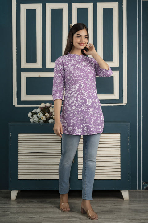 Women Purple Straight Tunic With Three Quaretr Sleeves
