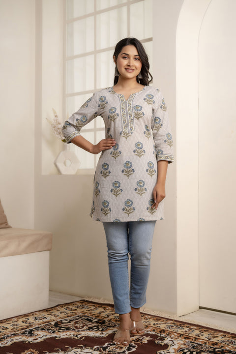 Women Grey Ethnic Printed Straight Tunic