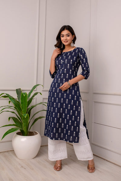 Women Navy Blue Printed Straight Kurta With Three Quarter Sleeves