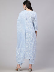 Women Blue Ethnic Printed Straight Kurta With Trouser And Dupatta