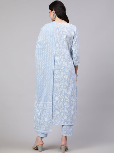 Women Blue Ethnic Printed Straight Kurta With Trouser And Dupatta