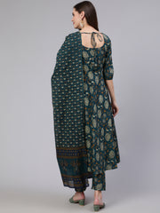 Women Green Floral Printed Anarkali Kurta With Trouser And Dupatta
