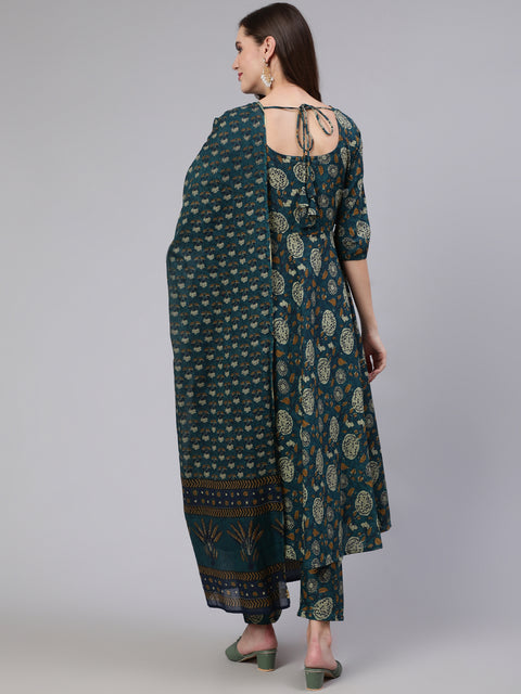 Women Green Floral Printed Anarkali Kurta With Trouser And Dupatta
