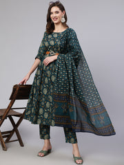 Women Green Floral Printed Anarkali Kurta With Trouser And Dupatta