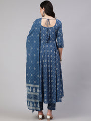 Women Blue Floral Printed Anarkali Kurta With Trouser And Dupatta
