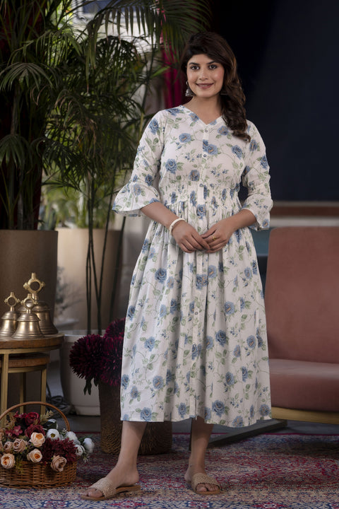 Women White Floral Printed Flared Dress